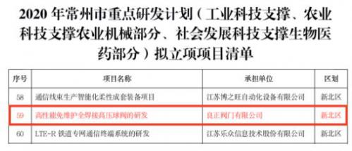 良正閥門項(xiàng)目列入2020年常州市重點(diǎn)研發(fā)計(jì)劃擬立項(xiàng)項(xiàng)目清單