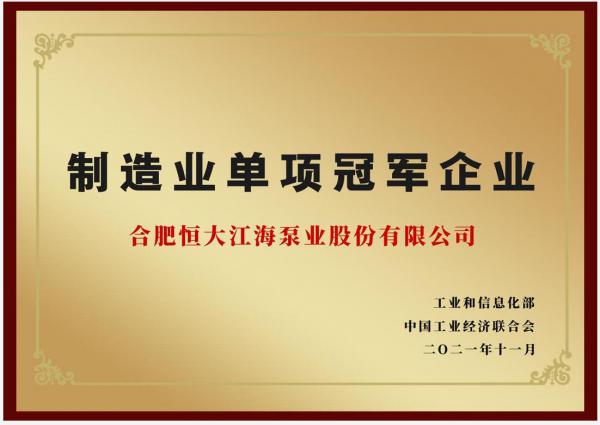 國家級！恒大江海泵業(yè)入選“制造業(yè)單項(xiàng)冠軍企業(yè)”
