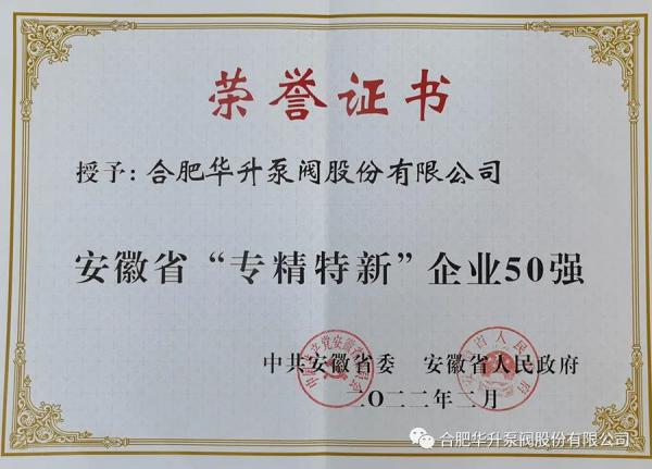 華升泵閥榮登安徽省“專精特新”企業(yè)50強